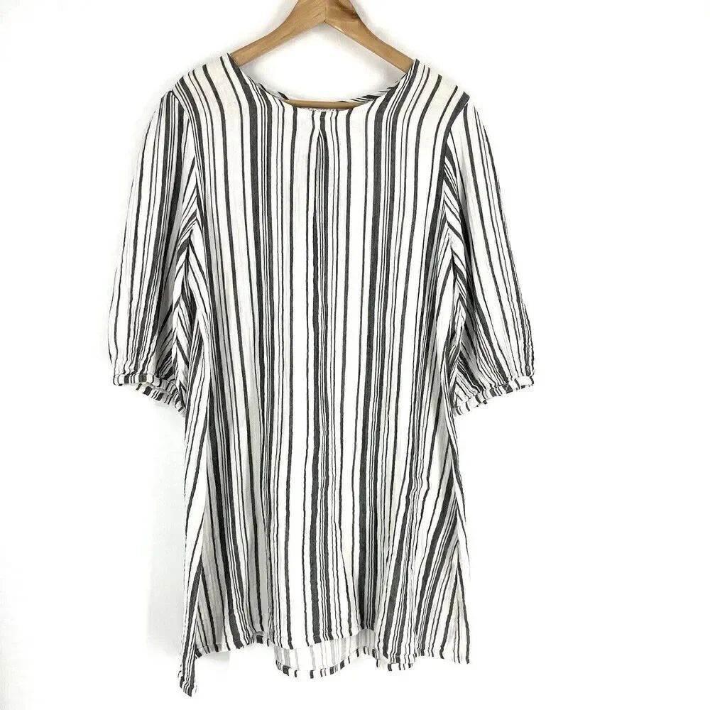 Bryn Walker Tunic Dress Size Small White Gray Lucien Stripe Gauze 3/4 Sleeve